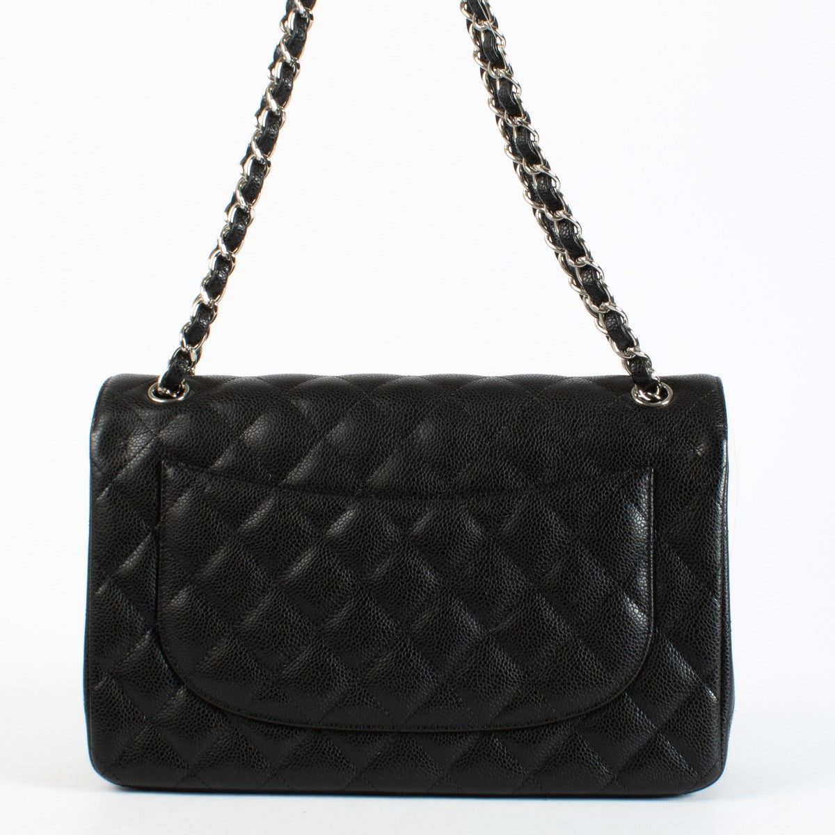 Chanel Black Caviar Large Classic Handbag with silver-tone hardware and burgundy leather interior available at Labellov.com