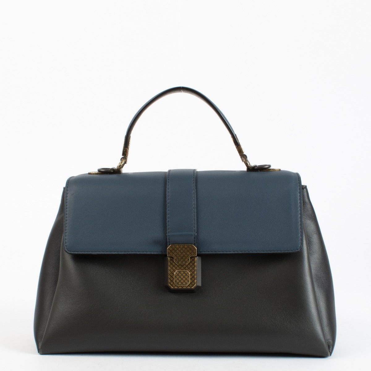 Bottega Veneta Navy Blue Leather Medium Piazza Top Handle Bag with antique gold-tone hardware and woven strap, in very good pre-loved condition, available at Labellov.com