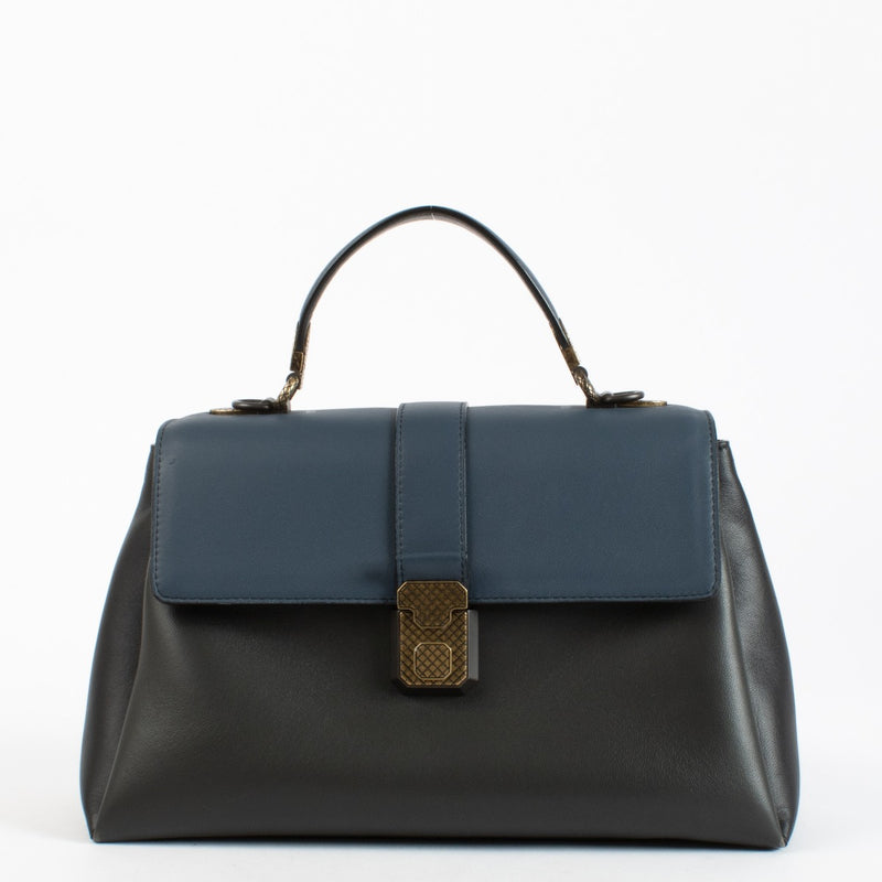 Bottega Veneta Navy Blue Leather Medium Piazza Top Handle Bag with antique gold-tone hardware and woven strap, in very good pre-loved condition, available at Labellov.com