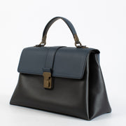 Bottega Veneta Navy Blue Leather Medium Piazza Top Handle Bag with antique gold-tone hardware and woven strap, in very good pre-loved condition, available at Labellov.com
