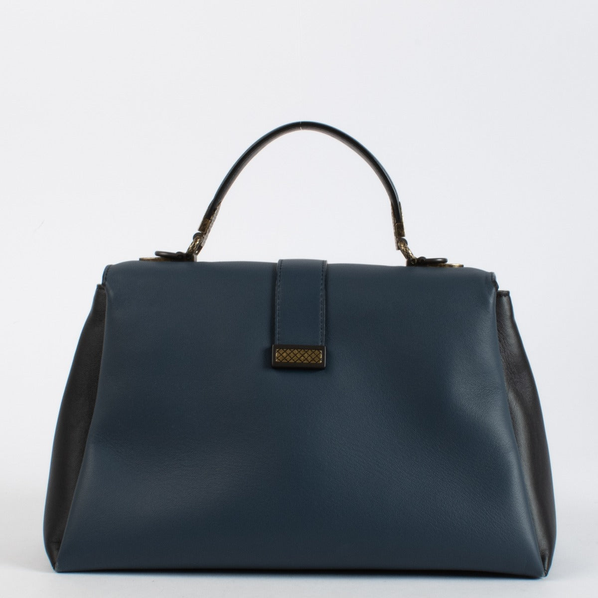 Bottega Veneta Navy Blue Leather Medium Piazza Top Handle Bag with antique gold-tone hardware and woven strap, in very good pre-loved condition, available at Labellov.com