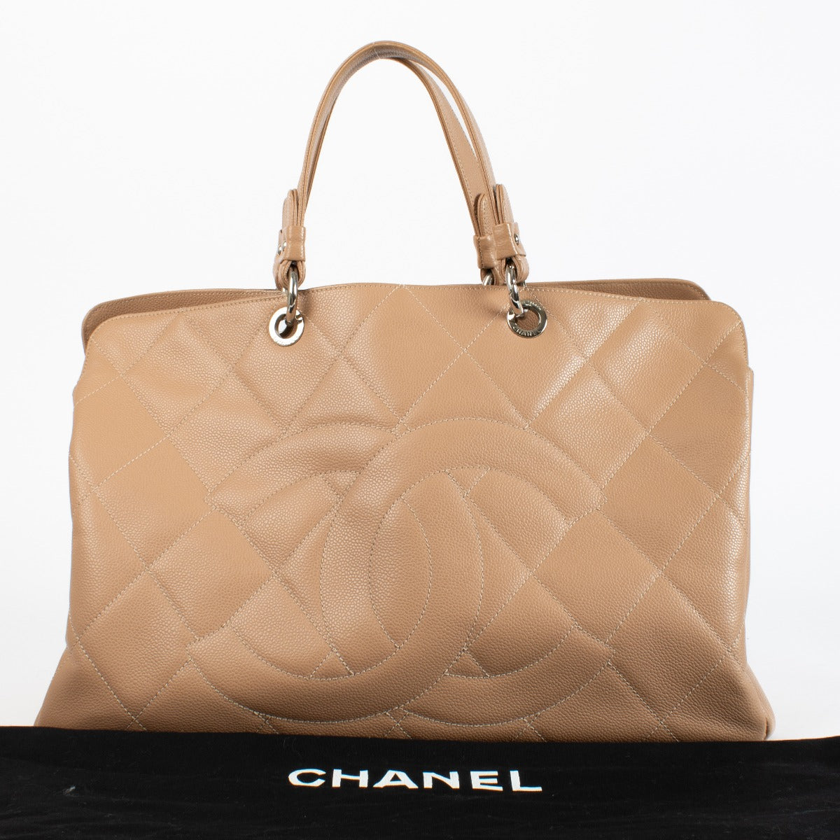 Chanel Beige Quilted Caviar Leather CC Timeless Large Tote Bag