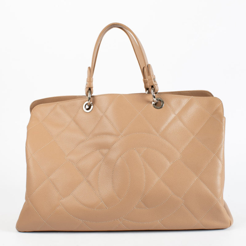 Chanel Beige Quilted Caviar Leather CC Timeless Large Tote Bag