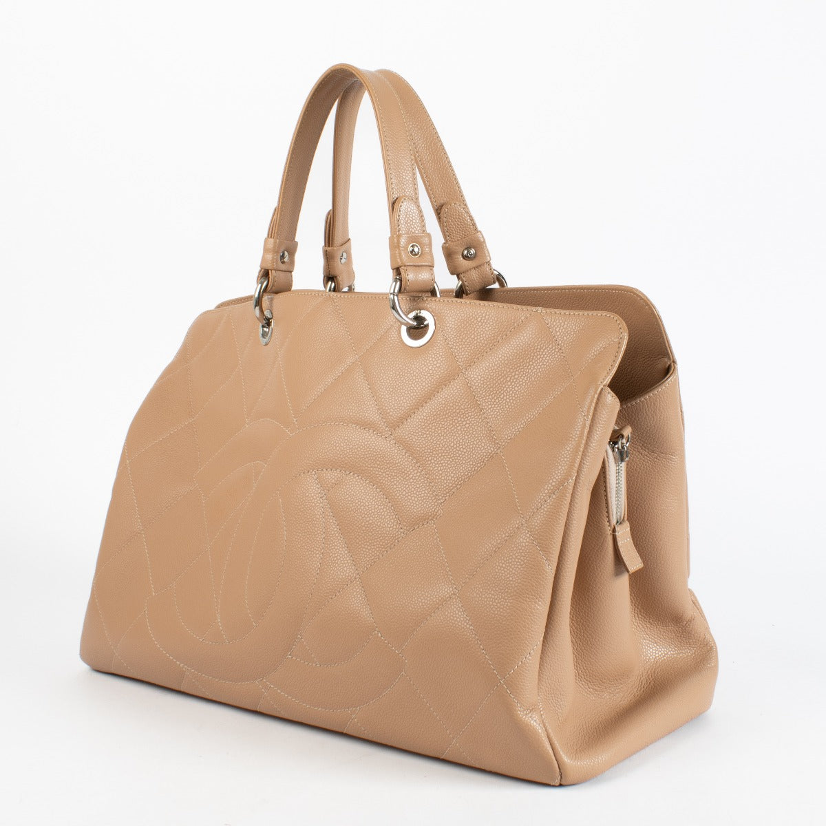Chanel Beige Quilted Caviar Leather CC Timeless Large Tote Bag