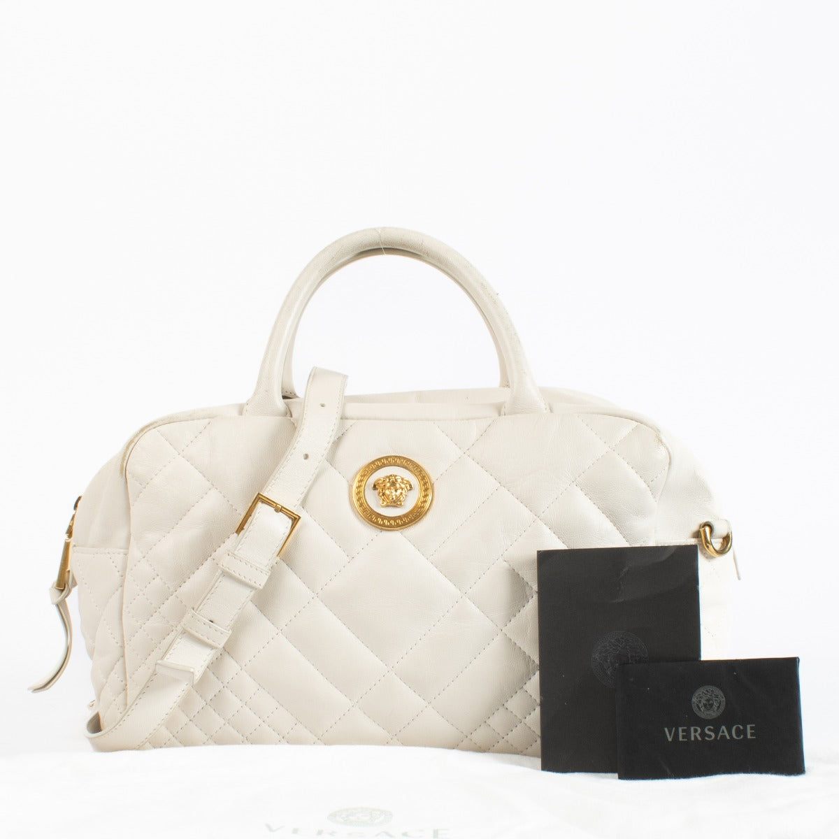 Authentic pre-loved Versace White Quilted Boston Bag on Labellov.com