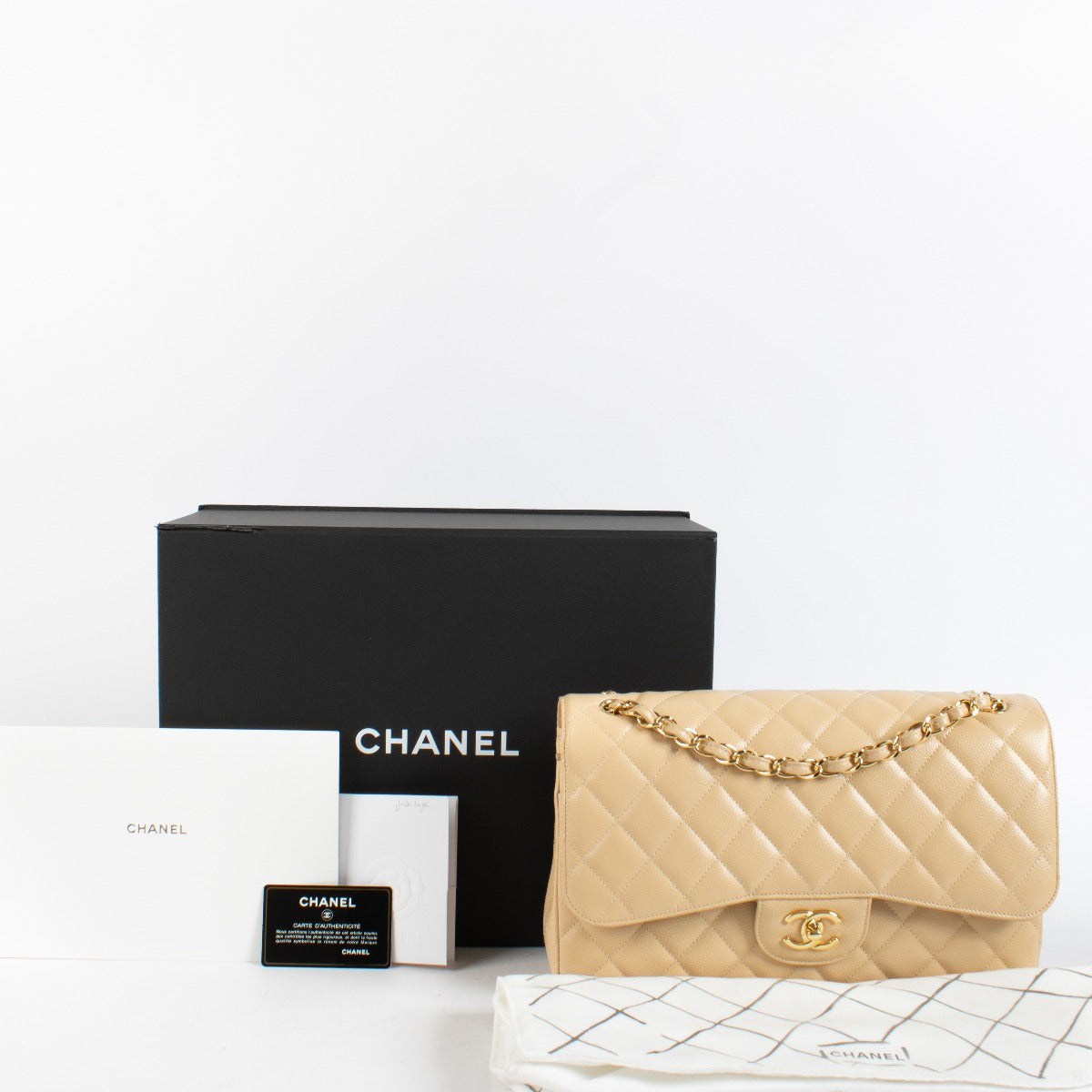 Chanel Beige Caviar Large/Jumbo Classic Bag