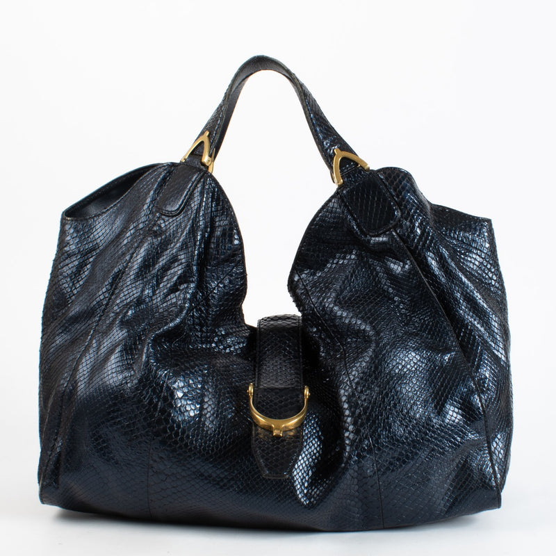 Authentic Second Hand Gucci Blue Python Stirrup Bag Top handle on Labellov.com