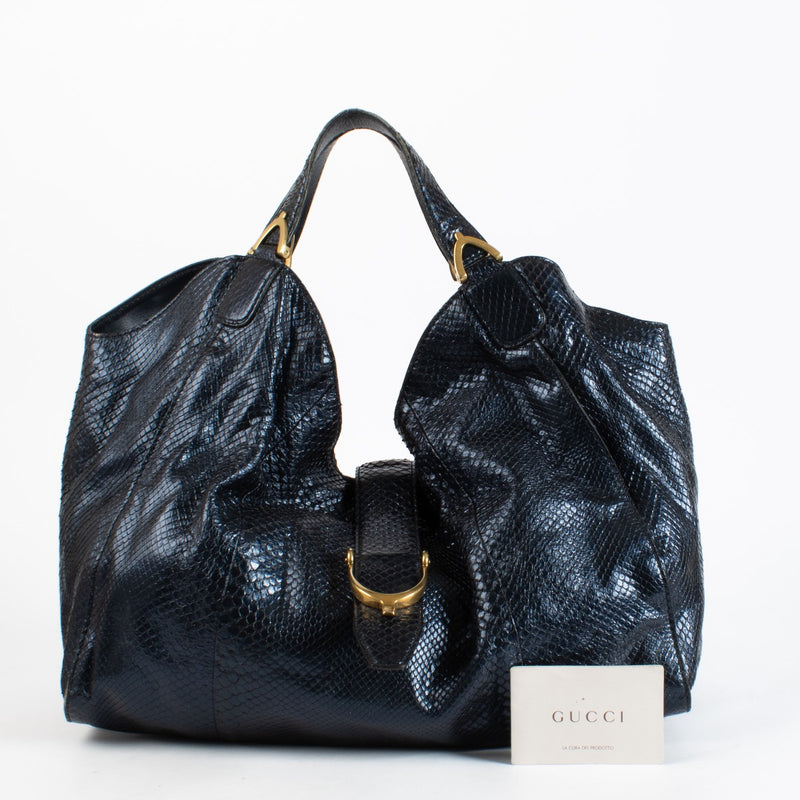 Authentic Second Hand Gucci Blue Python Stirrup Bag Top handle on Labellov.com