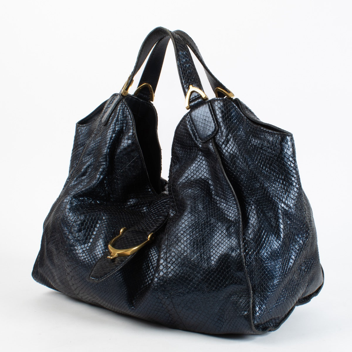 Authentic Second Hand Gucci Blue Python Stirrup Bag Top handle on Labellov.com