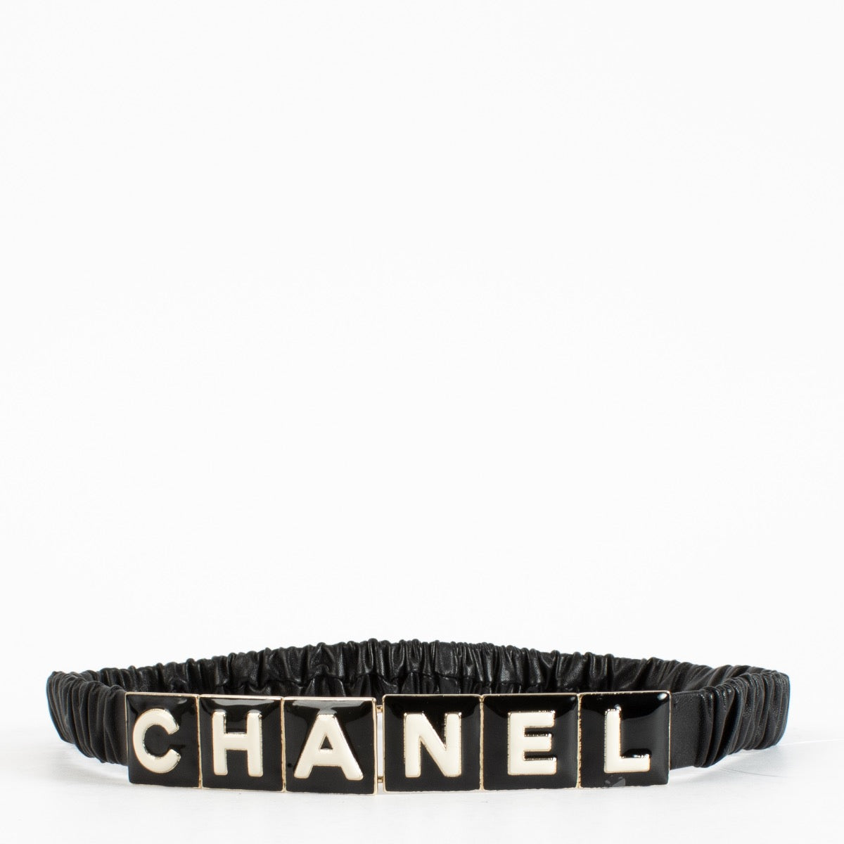 authentic preloved Chanel 22A Black Letter Logo Elasticated Leather Belt on Labellov.com