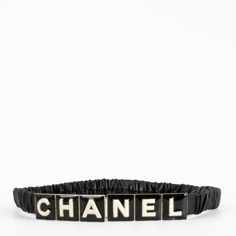 authentic preloved Chanel 22A Black Letter Logo Elasticated Leather Belt on Labellov.com