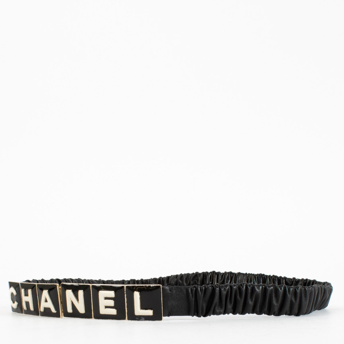 authentic preloved Chanel 22A Black Letter Logo Elasticated Leather Belt on Labellov.com
