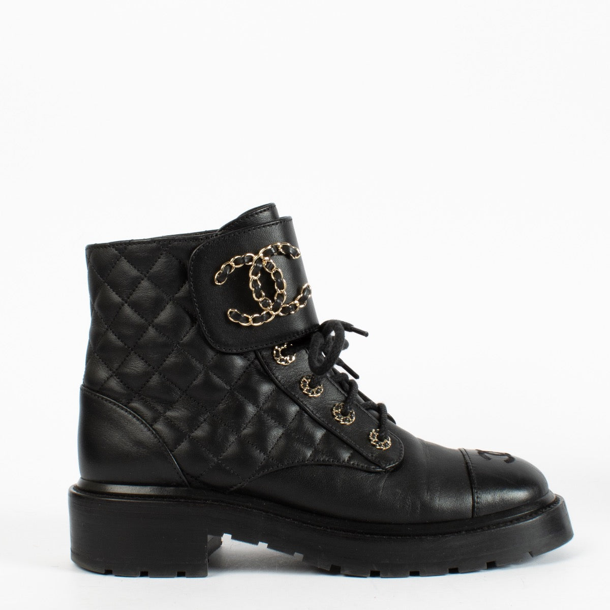 authentic preloved Chanel Black Lace Up Boots on Labellov.com