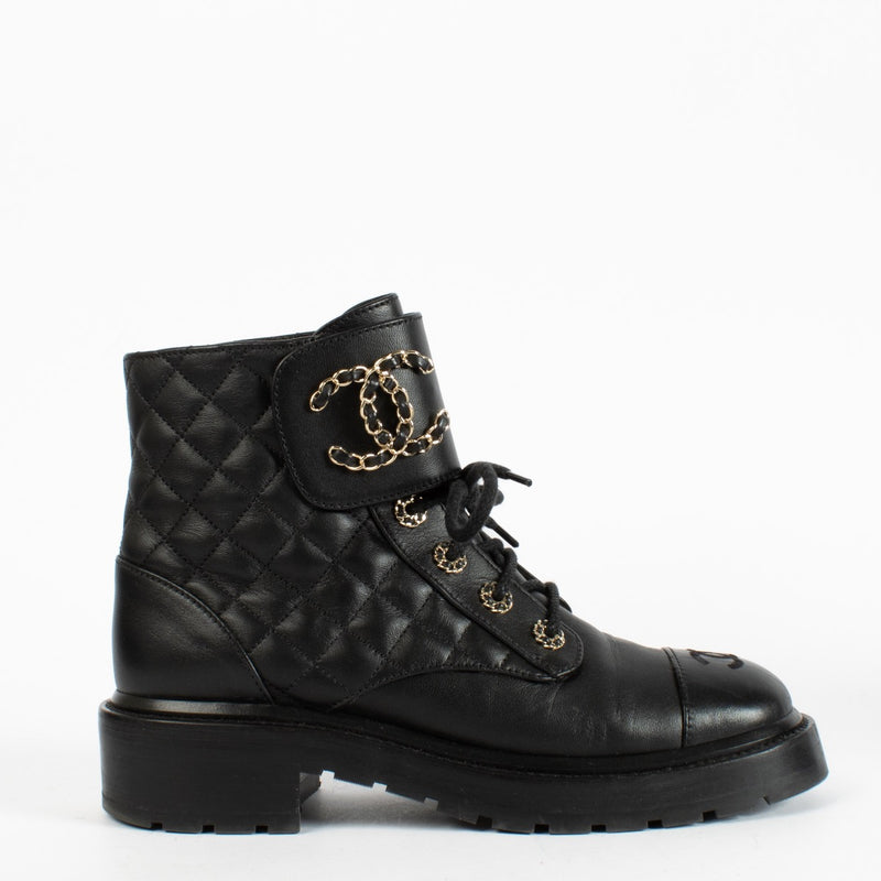 authentic preloved Chanel Black Lace Up Boots on Labellov.com