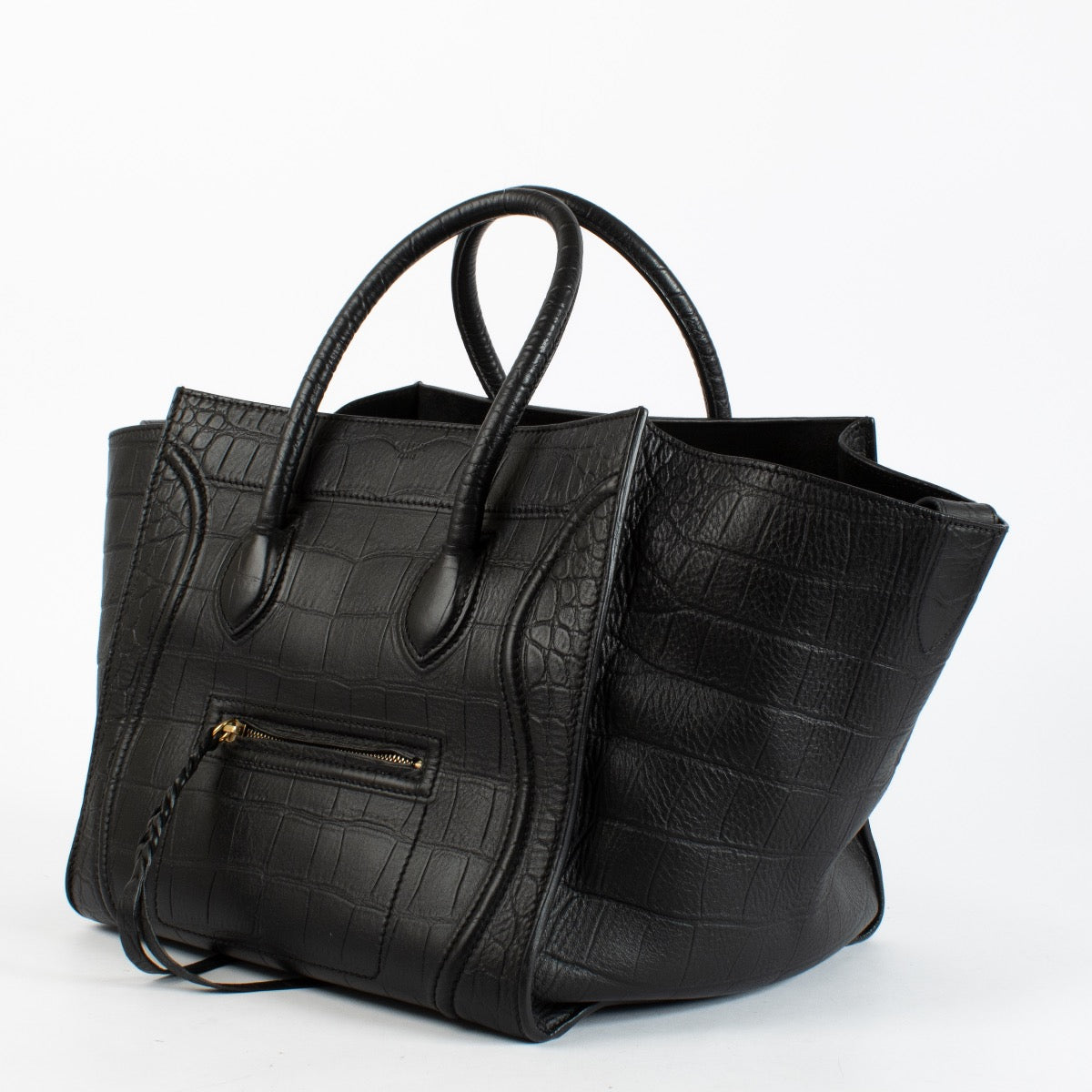 Authentic Preloved Celine Black Crocdile Embossed Medium Luggage Phantom Top Handle on Labellov.com