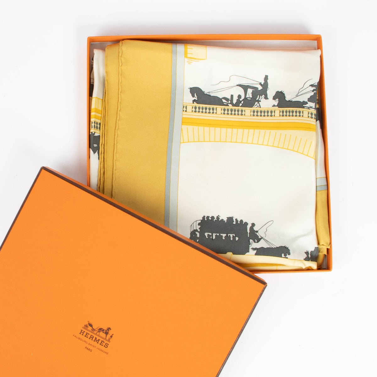 Authentic pre-loved Hermès Yellow Les Ponts 90 Scarf on Labellov.com
