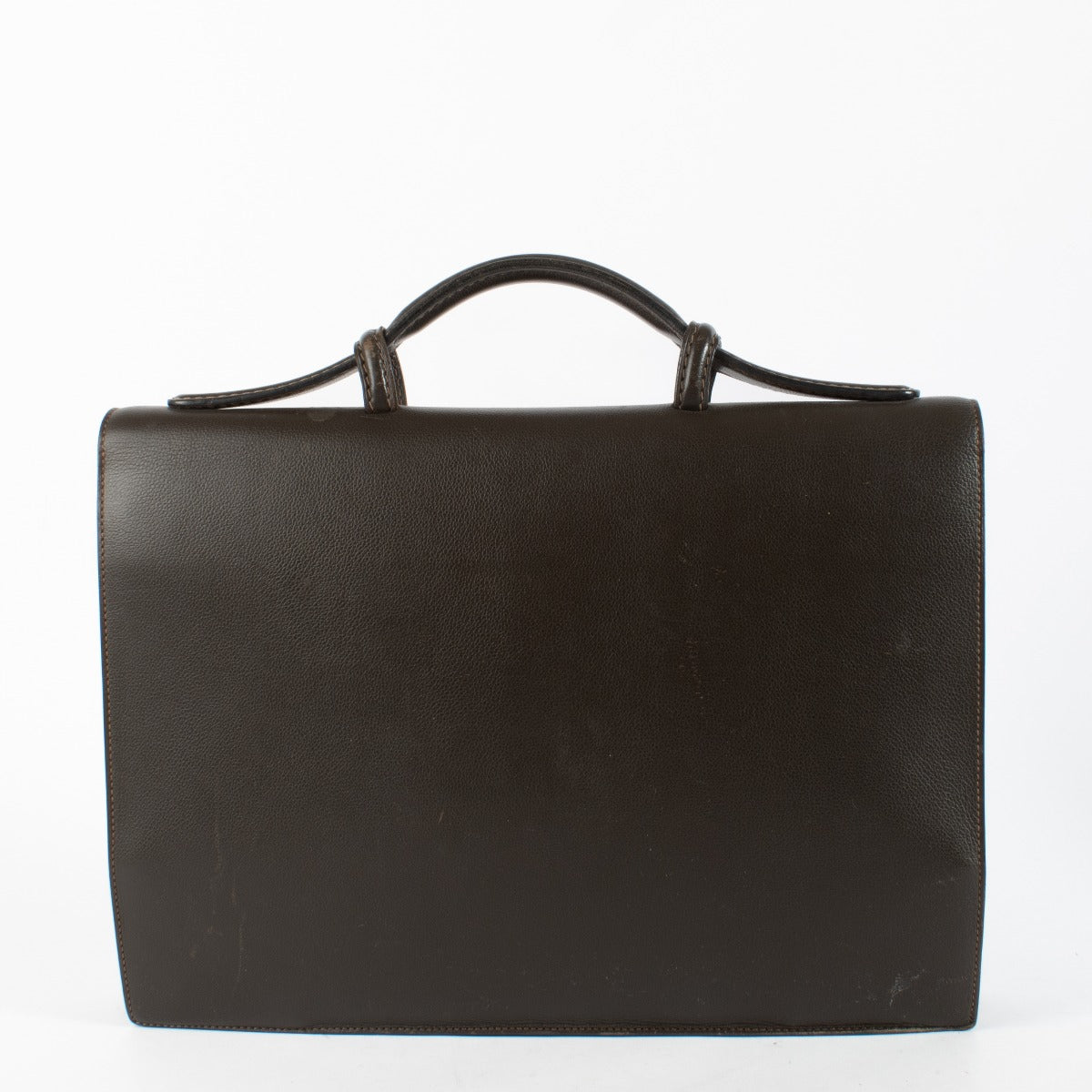 Delvaux brown leather briefcase showing silver-tone combination-lock clasp.