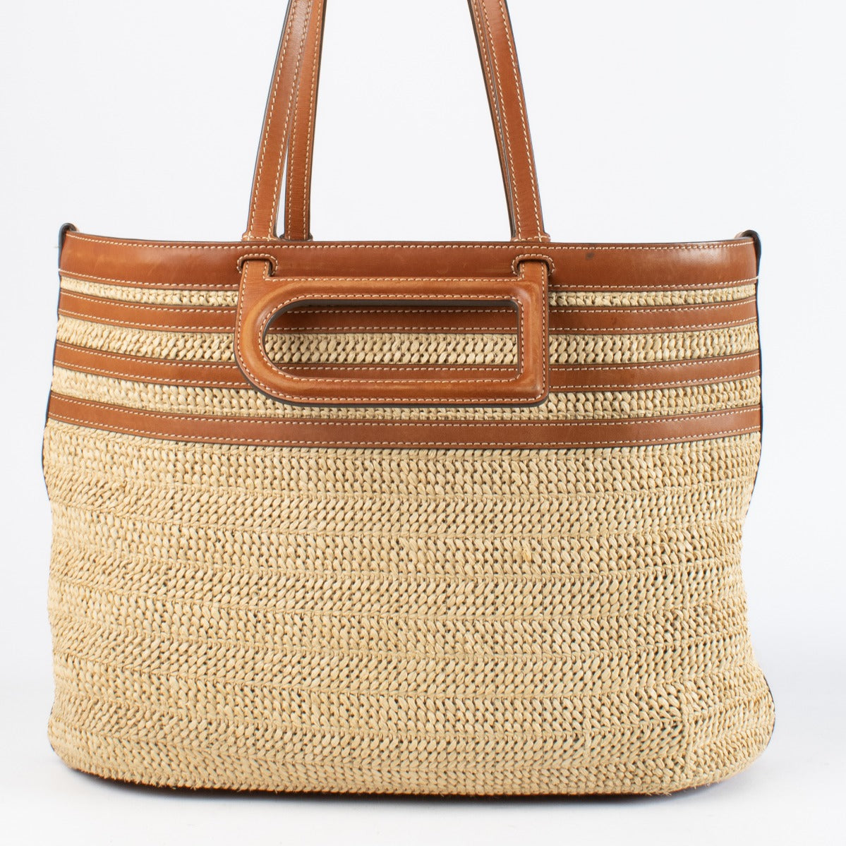Delvaux Beige Raffia Shopper with leather trim at Labellov.com