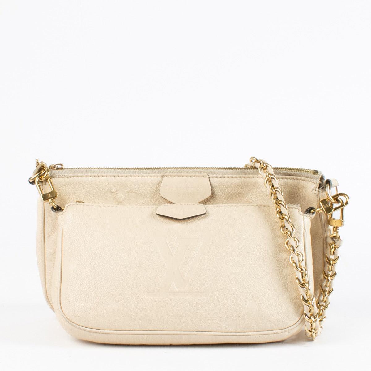 Louis Vuitton White Monogram Duo Pochette in cream leather with chain strap at Labellov.com