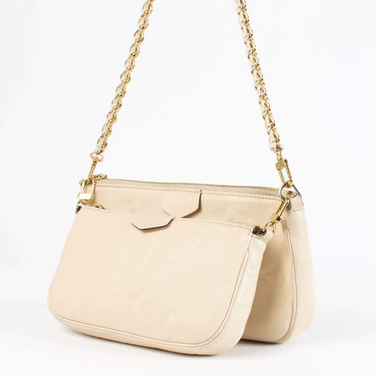 Louis Vuitton White Monogram Duo Pochette in cream leather with chain strap at Labellov.com