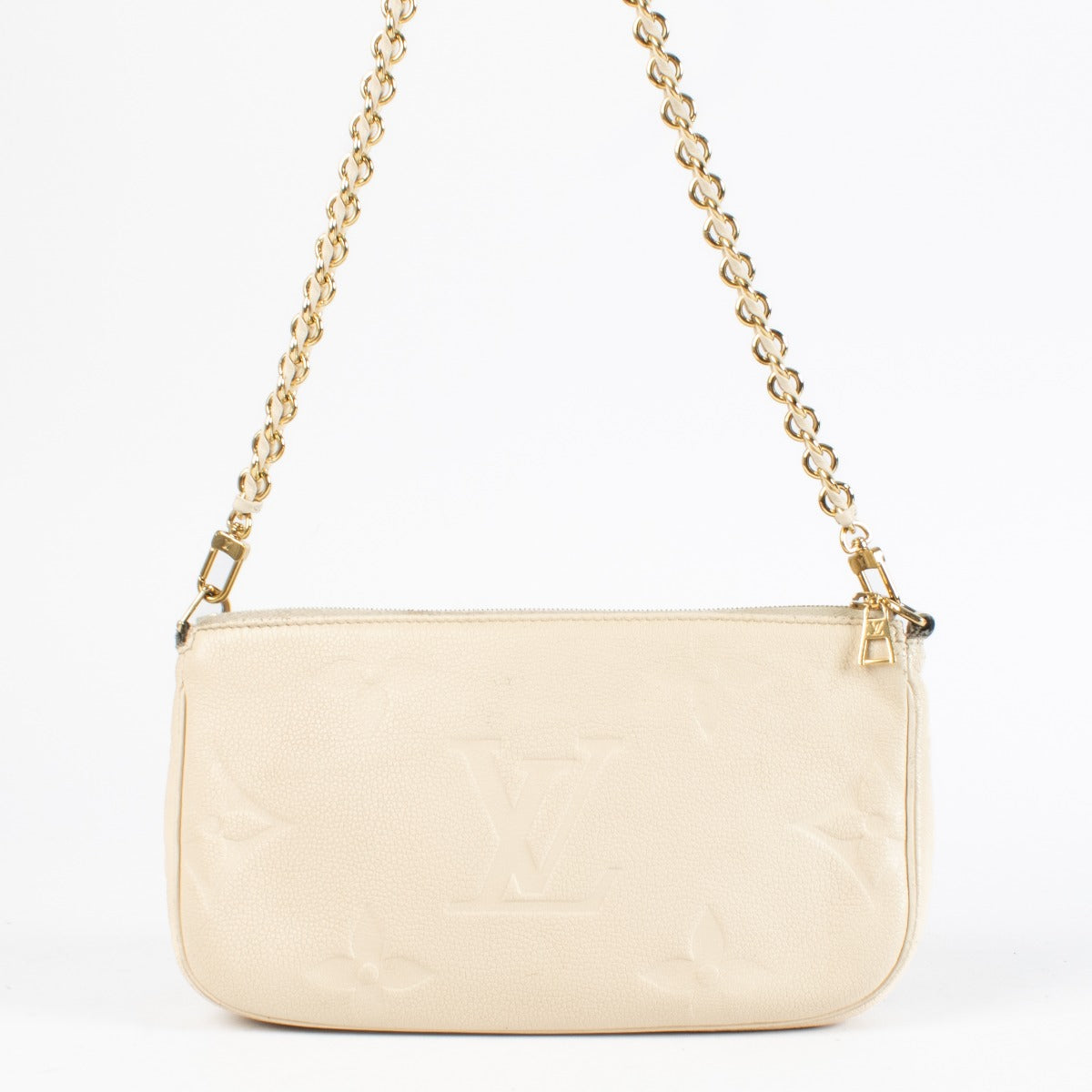 Louis Vuitton White Monogram Duo Pochette in cream leather with chain strap at Labellov.com