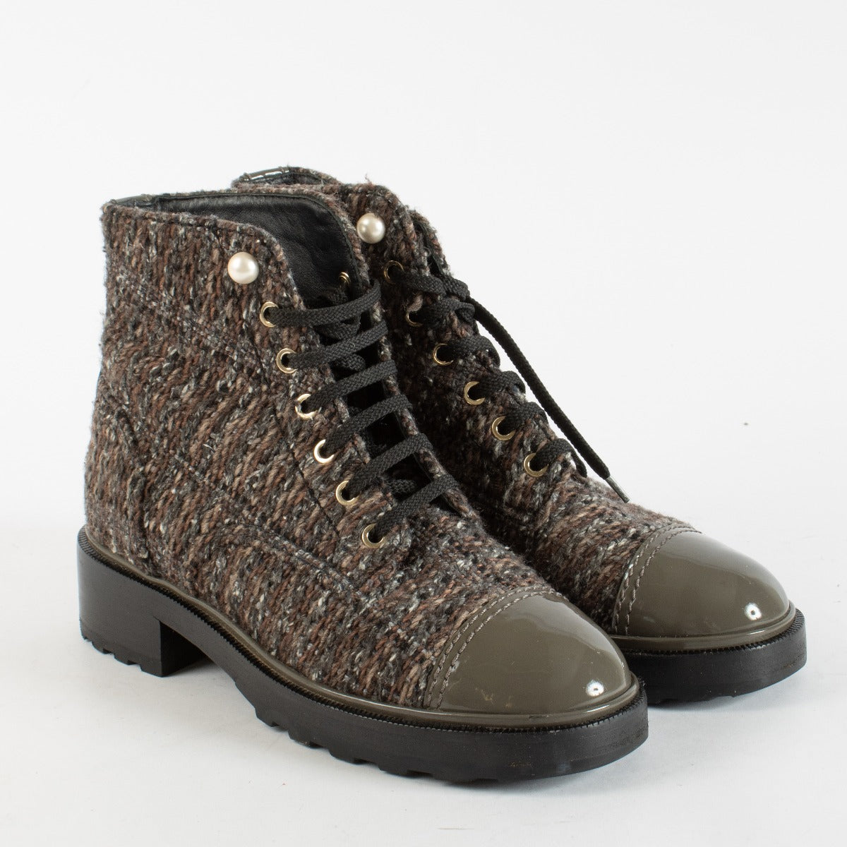 Chanel tweed and patent calfskin combat short boots with pearl CC detail in size 39 at Labellov.com