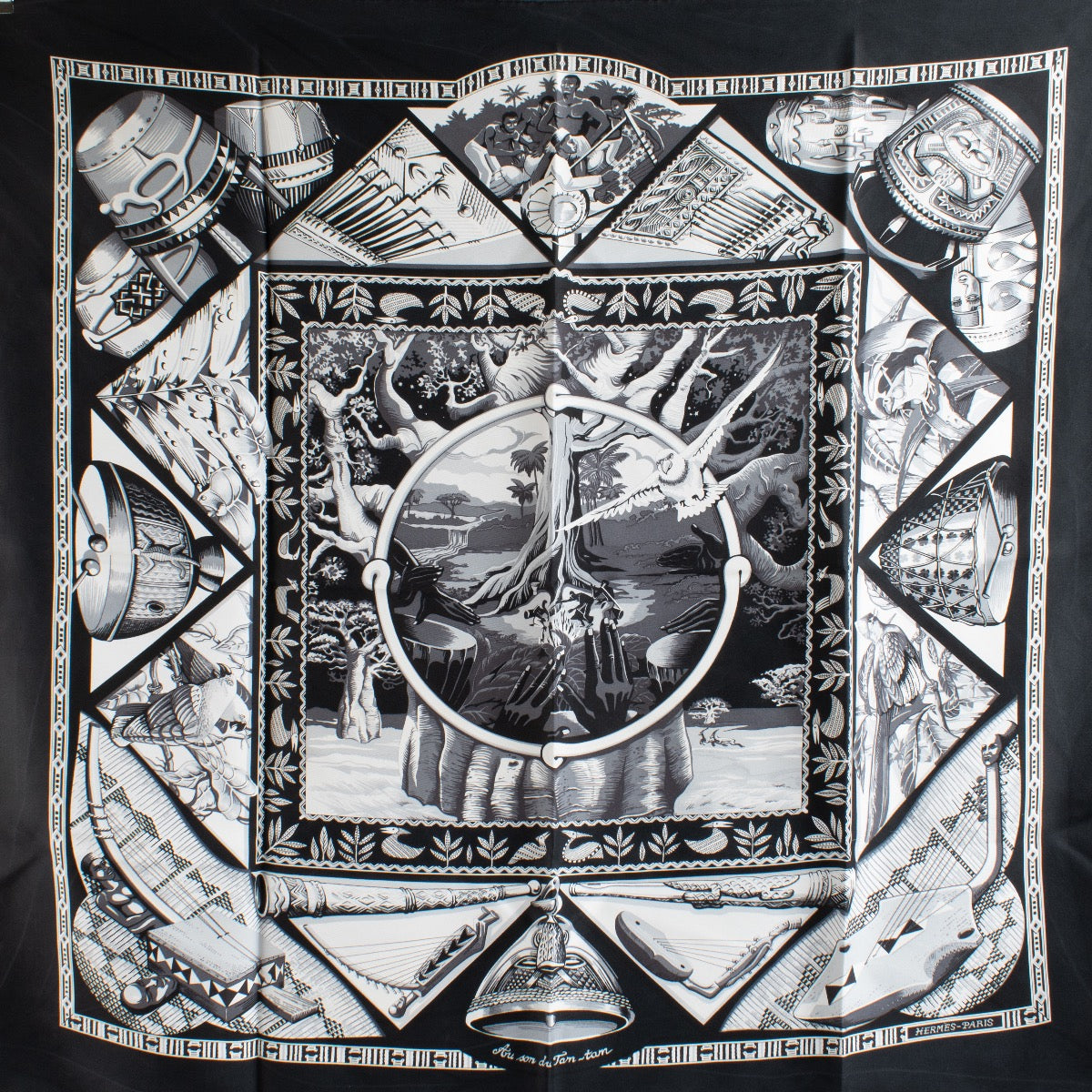 Authentic Second Hand Hermès Au Son Du Tam Tam Black Silk Scarf on Labellov.com