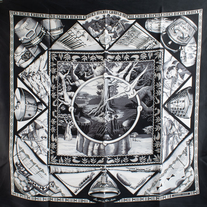 Authentic Second Hand Hermès Au Son Du Tam Tam Black Silk Scarf on Labellov.com