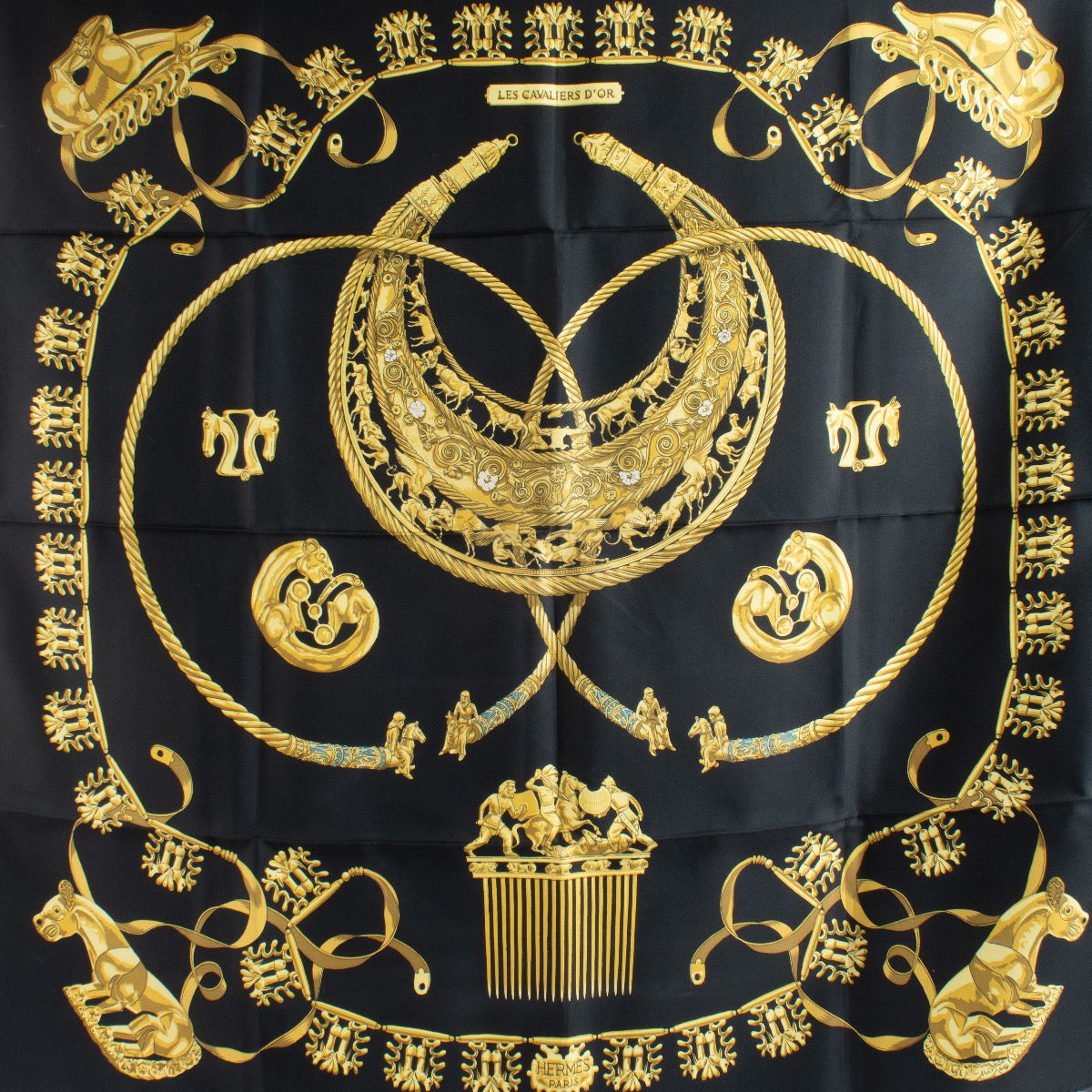 Authentic Second Hand Hermès Black Les Cavaliers D’Or Scarf on Labellov.com