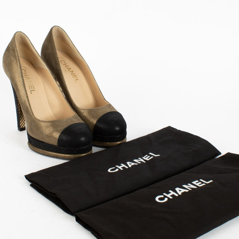 Authentic second-hand Chanel Metallic Olive Green Platform Pumps - Size 39 C on labellov.com