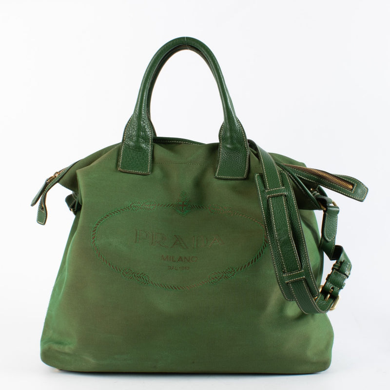Prada Green Large Logo Jacquard Tote