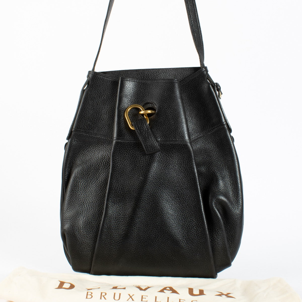 Delvaux Black Faust Bag in grained leather with gold buckle at Labellov.com