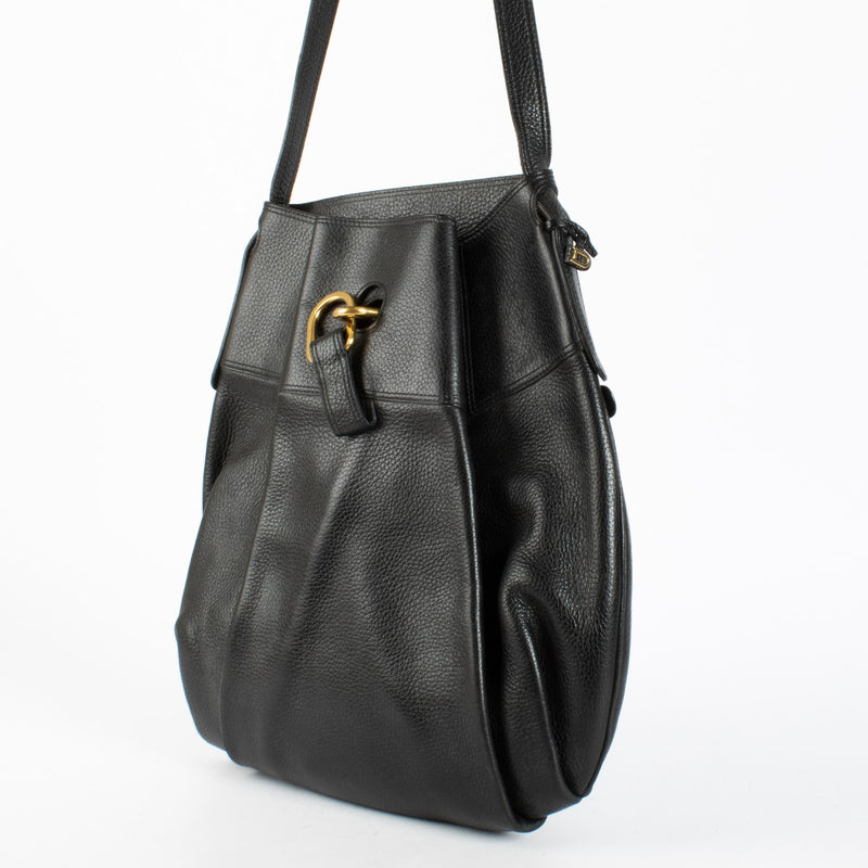 Delvaux Black Faust Bag in grained leather with gold buckle at Labellov.com