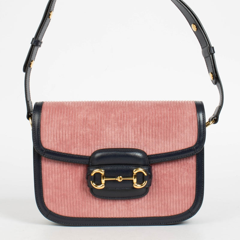 Shop the authentic pre-loved Gucci Pink Corduroy Horsebit 1955 Medium Shoulder Bag on Labellov.com