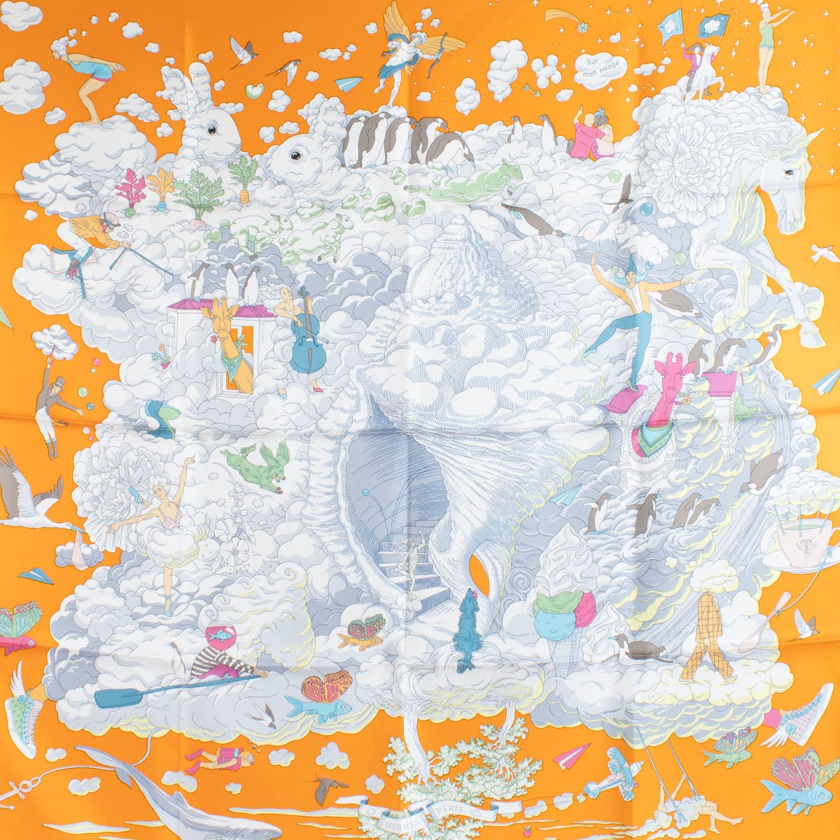 Authentic second-hand Hermès Carré 90 Sur Mon Nuage Orange Silk Scarf on labellov.com