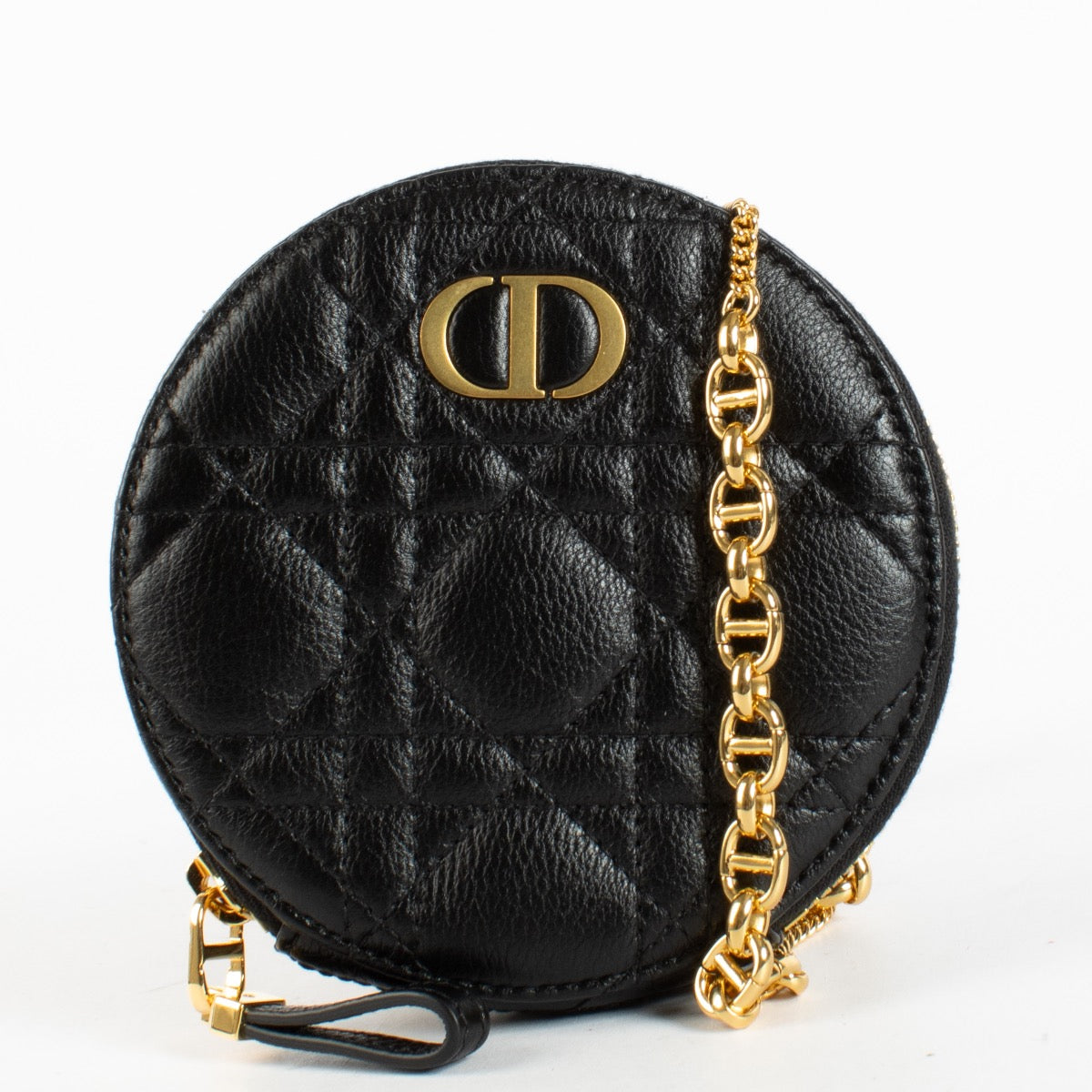 Christian Dior Black Caro Round Pouch Crossbody Bag in quilted black leather with gold CD hardware at Labellov.com