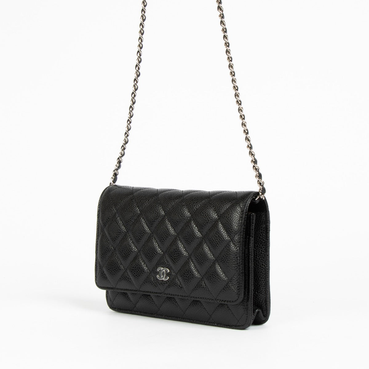 Authentic Chanel Black Caviar SHW Wallet on Chain on Labellov.com