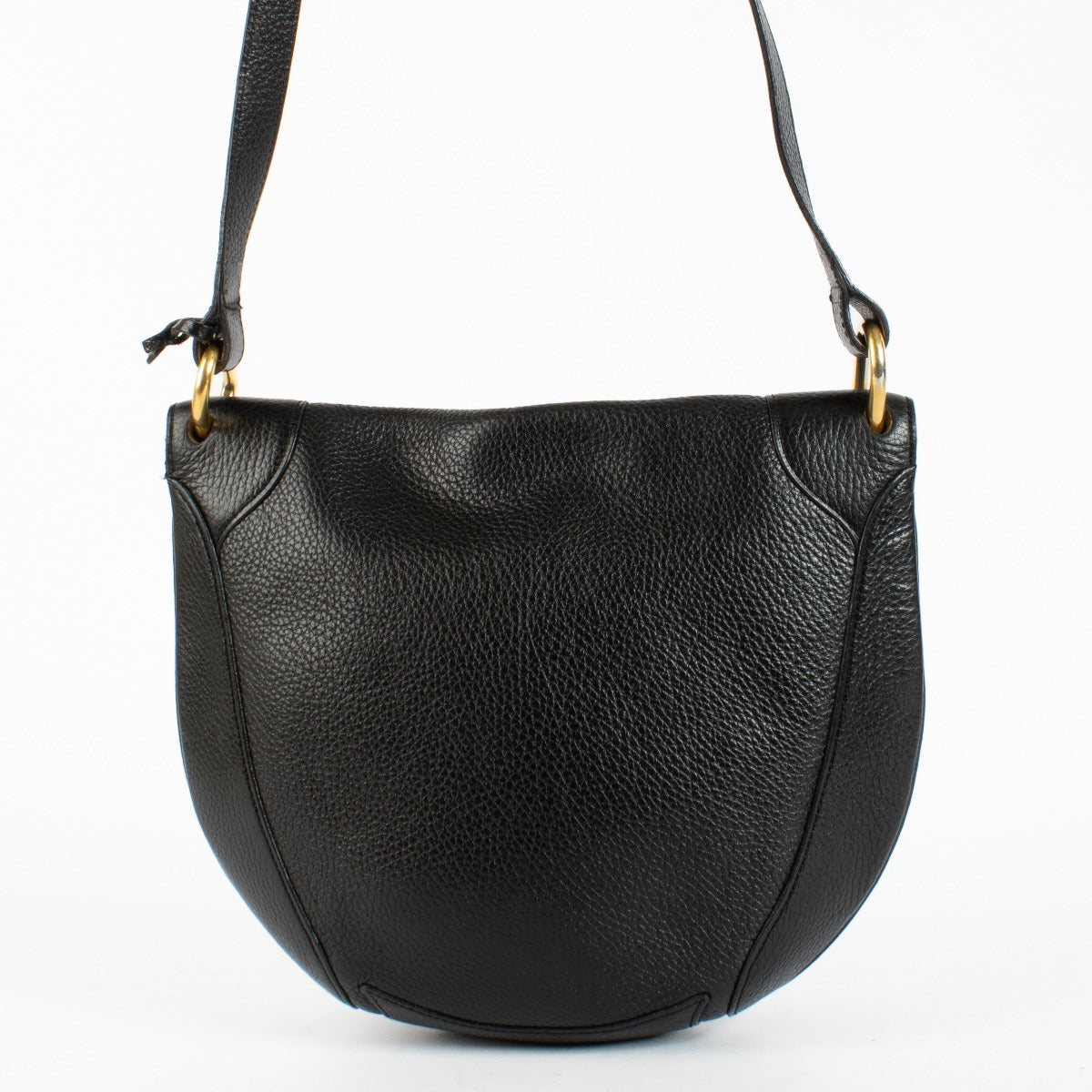 Delvaux black leather crossbody bag with gold hardware and saddle silhouette at Labellov.com