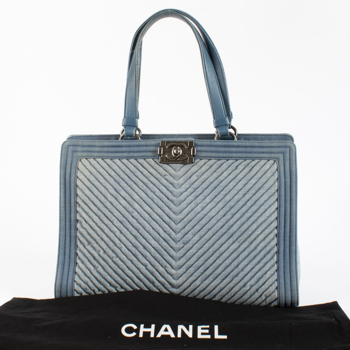 authentic preloved Chanel Blue Denim Boy Tote Bag on Labellov.com