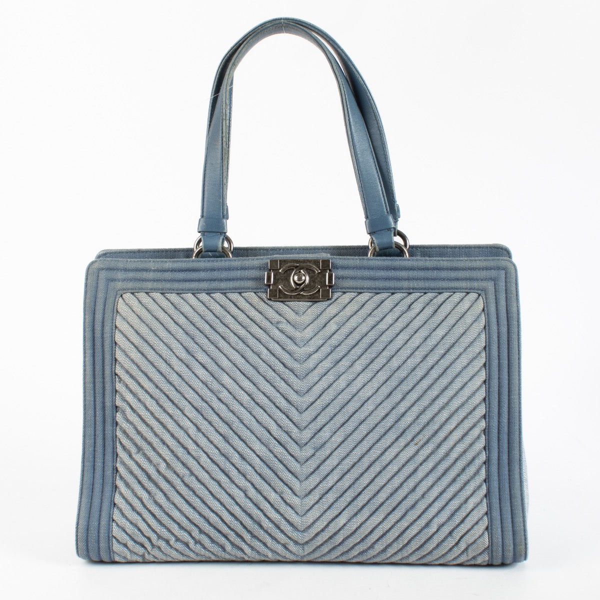 authentic preloved Chanel Blue Denim Boy Tote Bag on Labellov.com