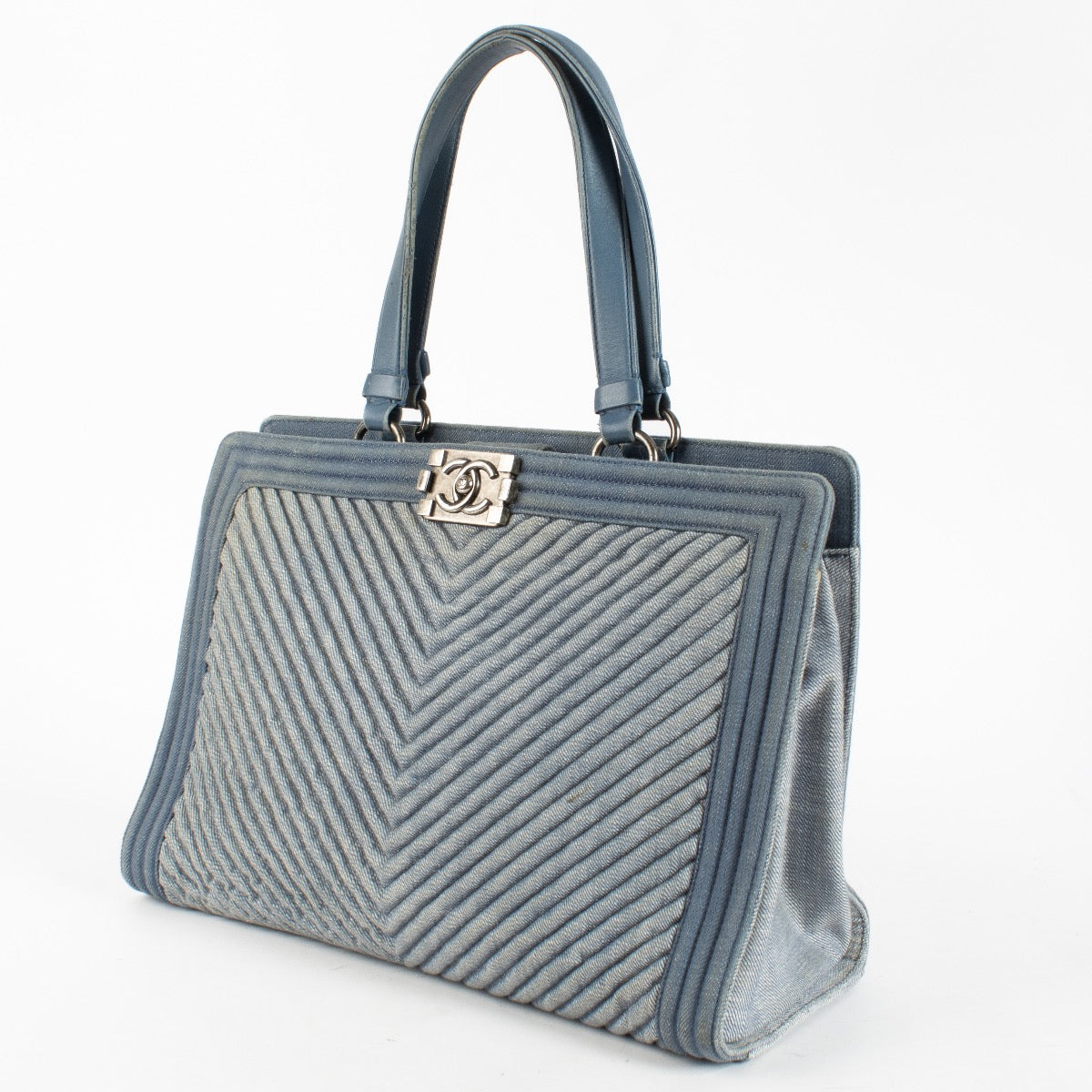 authentic preloved Chanel Blue Denim Boy Tote Bag on Labellov.com