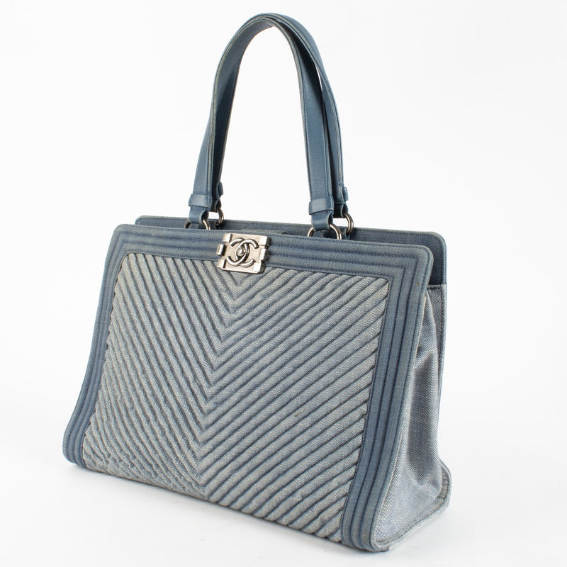 authentic preloved Chanel Blue Denim Boy Tote Bag on Labellov.com