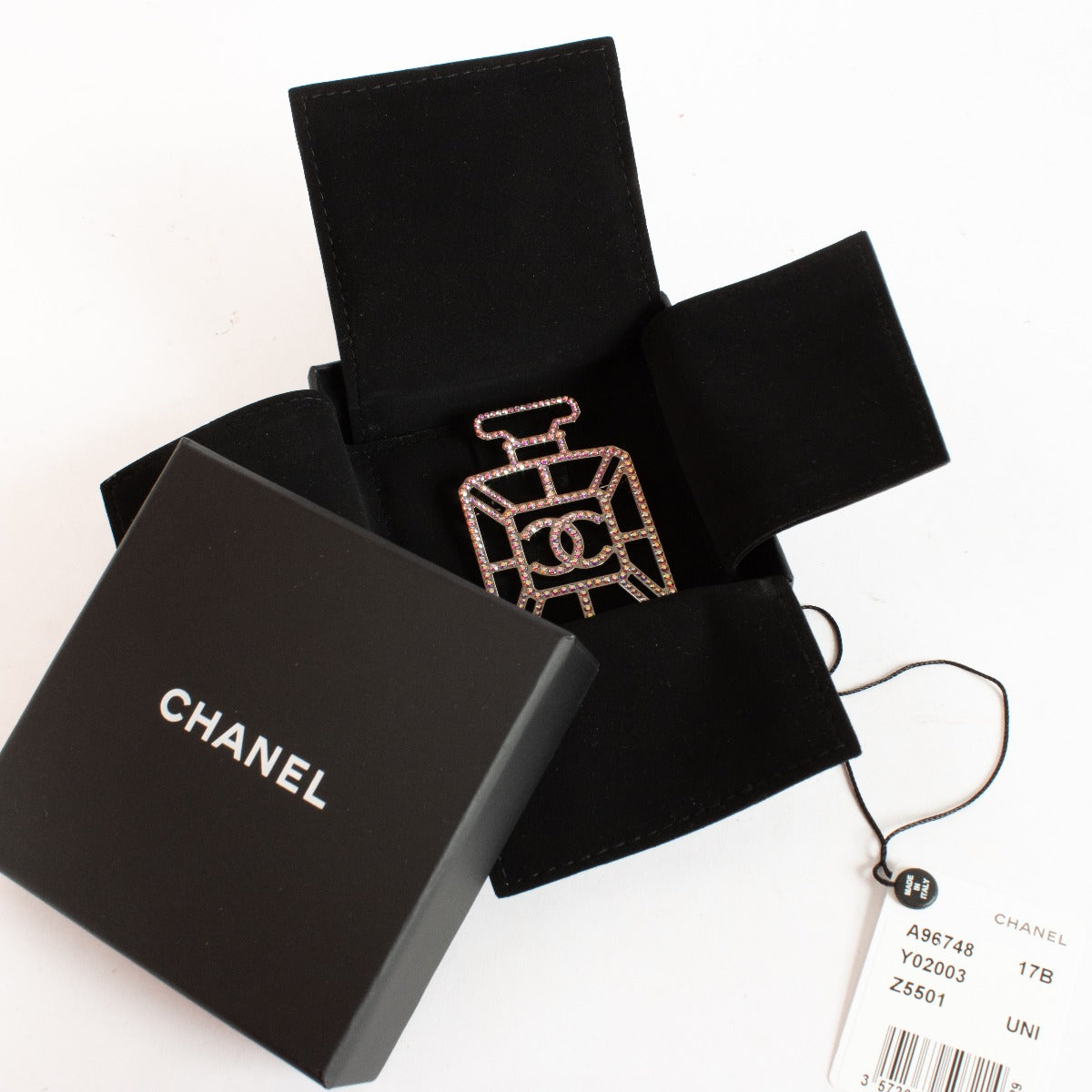 Authentic pre-loved Chanel Crystal Perfume Bottle CC Brooch Ruthenium Iridescent Blue on Labellov.com