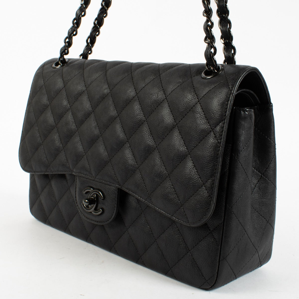 Authentic pre-loved Chanel So Black Aged Cowskin Large / Jumbo Classic Flap Bag on Labellov.com