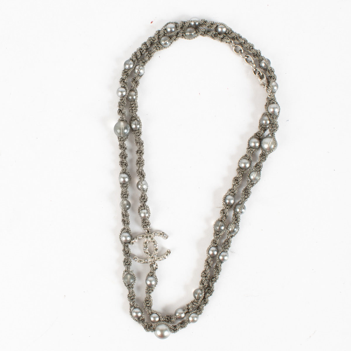 Authentic pre-loved Chanel Fantasy Pearls Crystal Bead Chain CC Long Necklace Silver Grey on Labellov.com
