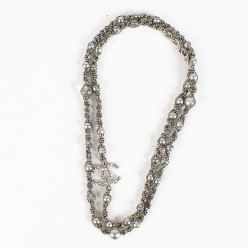 Authentic pre-loved Chanel Fantasy Pearls Crystal Bead Chain CC Long Necklace Silver Grey on Labellov.com