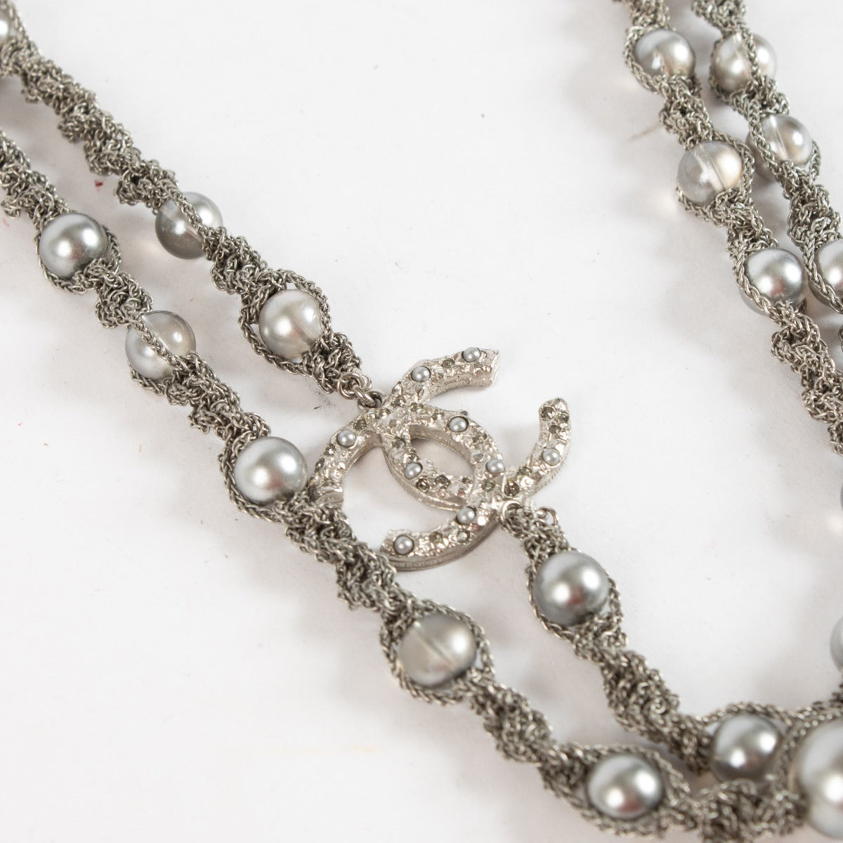 Authentic pre-loved Chanel Fantasy Pearls Crystal Bead Chain CC Long Necklace Silver Grey on Labellov.com