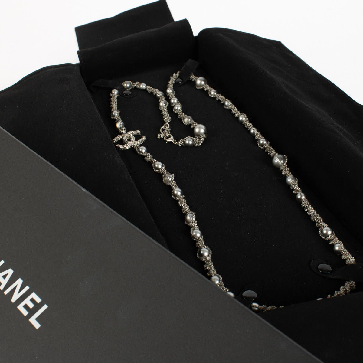 Authentic pre-loved Chanel Fantasy Pearls Crystal Bead Chain CC Long Necklace Silver Grey on Labellov.com