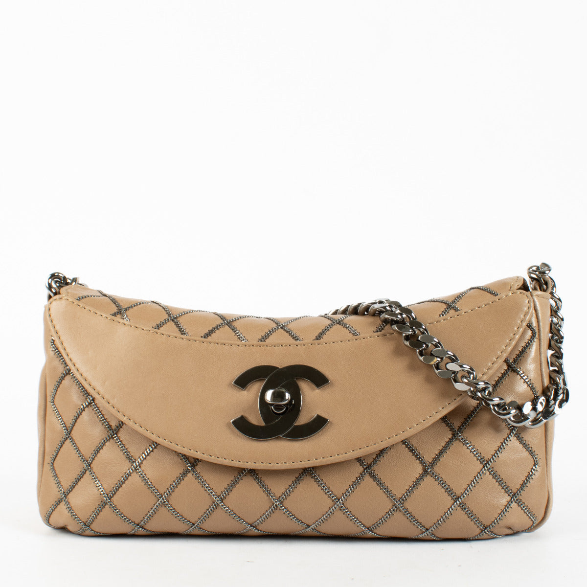 Sac porté épaule Chanel en cuir d'agneau et chaînes beige foncé