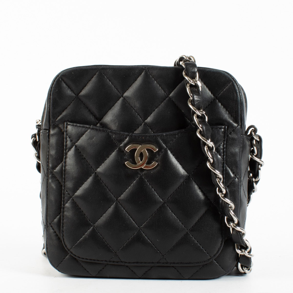 authentic preloved Chanel Small Black Front Pocket Lambskin Crossbody on Labellov.com